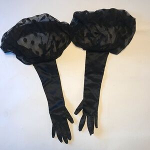 Vintage 80s Polka Dot Sheer Balloon Sleeve Long Evening Gloves Cocktail Black